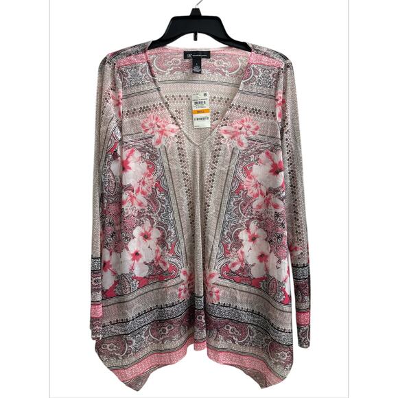 I.N.C. Womens Pink Floral Mesh Cover up Top V-Neck Handkerchief Hem Size Small - Picture 1 of 8